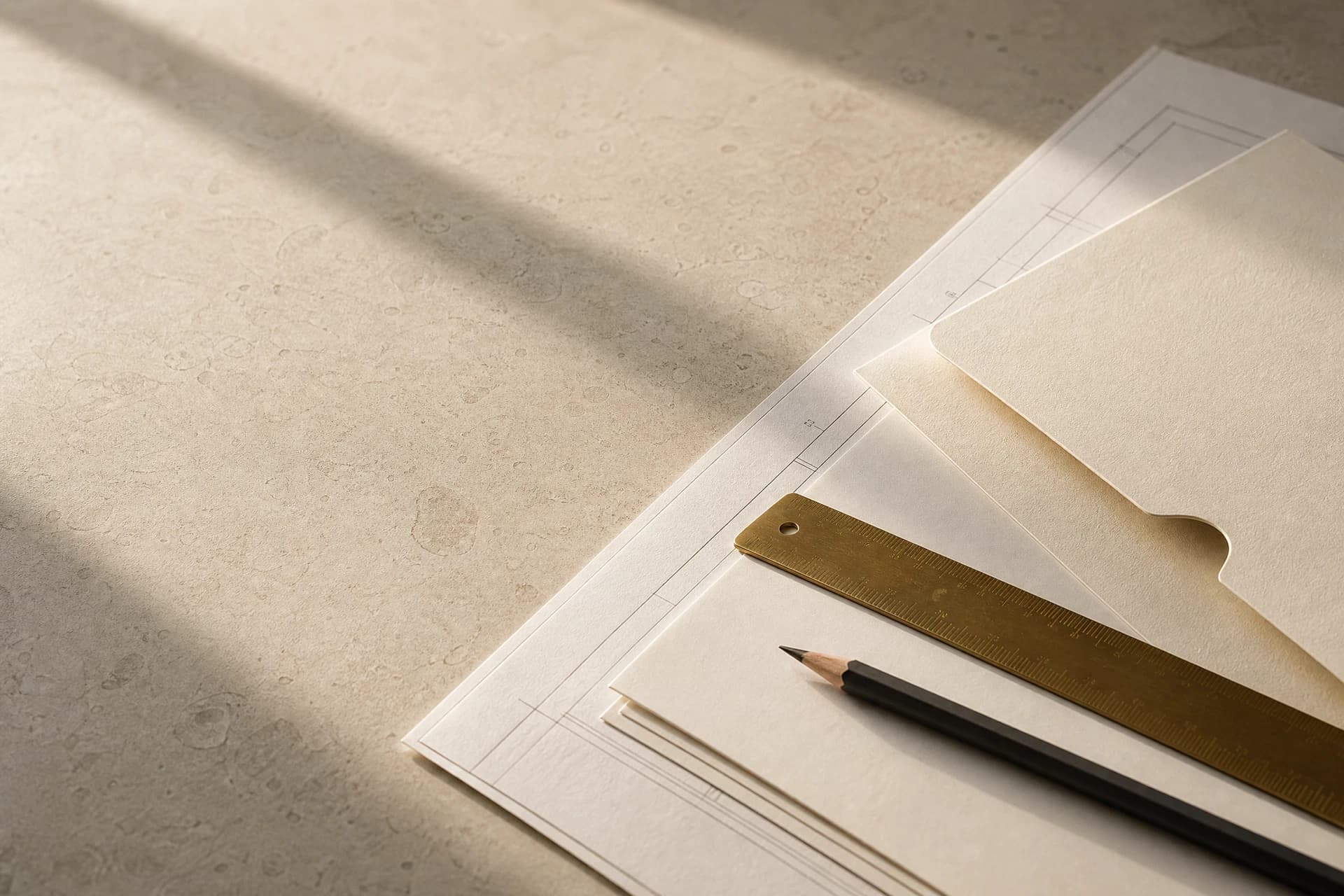 Editorial still life of unmarked architectural paper and a brass ruler